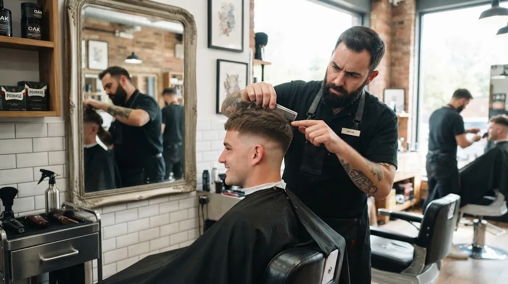 Professional barber checking a man's normal slope haircut from multiple angles to ensure balance and precision in a modern barbershop