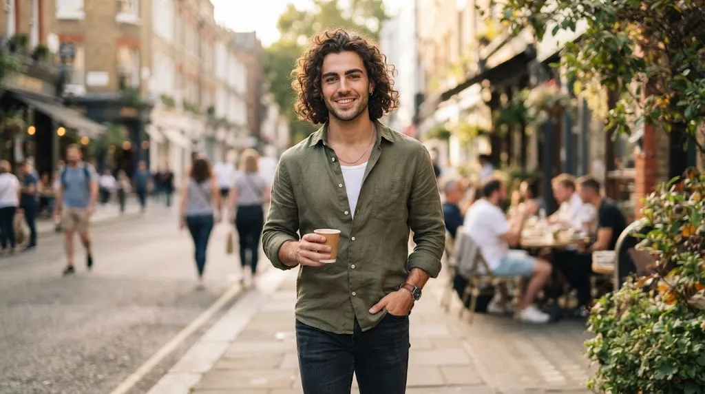 A handsome man with stylish chin-length curly bob hair showcasing defined ringlets and natural movement.
