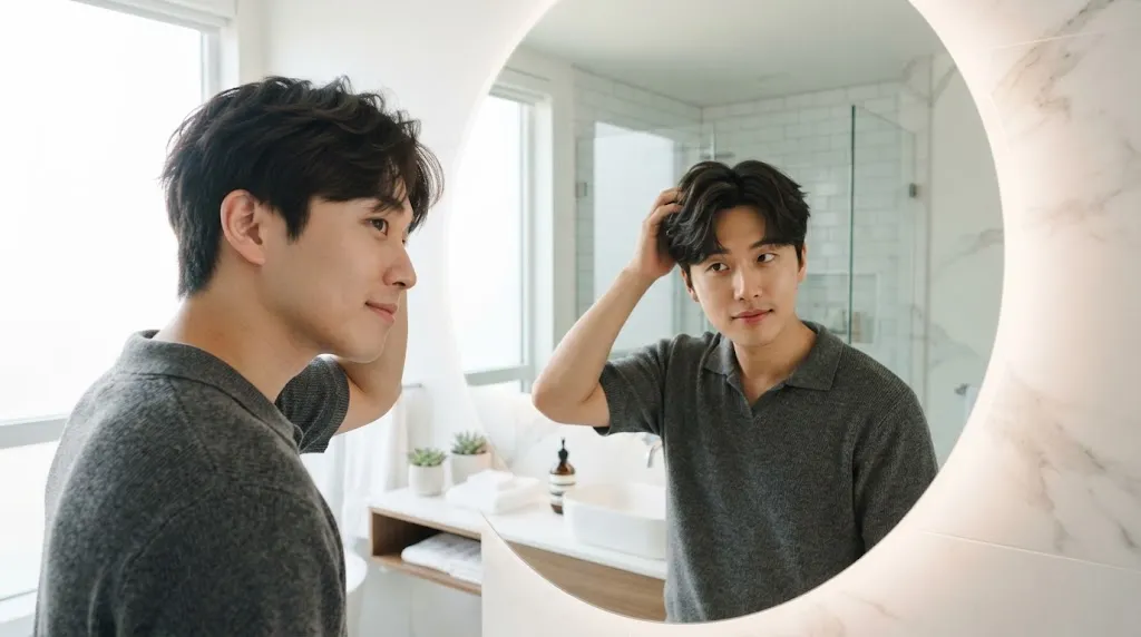 A young man checking his hair texture in a mirror to choose the right Korean hairstyle