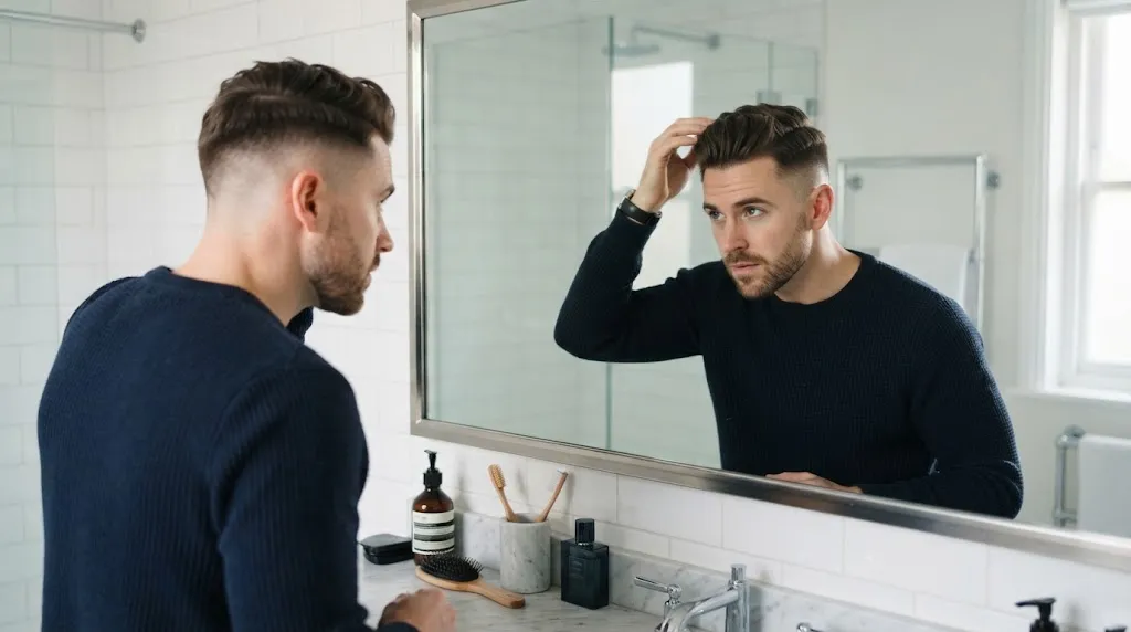 A man evaluating his haircut and grooming routine in the mirror to match his maintenance preference.