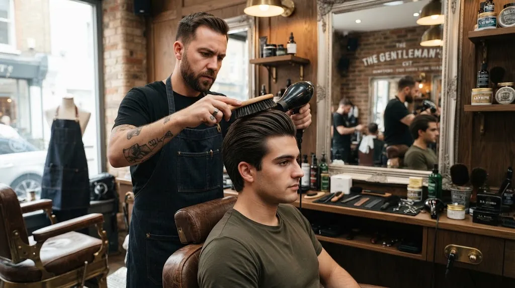 Professional barber styling a modern back haircut in a high-end barbershop to match different face shapes