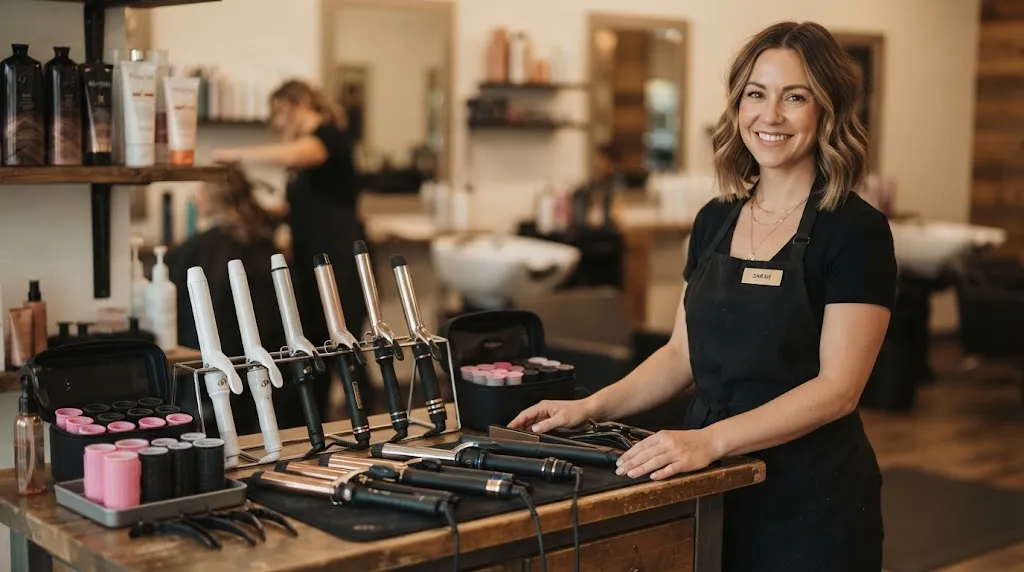 Professional hair stylist tools including various curling iron barrel sizes and rollers for hair styling