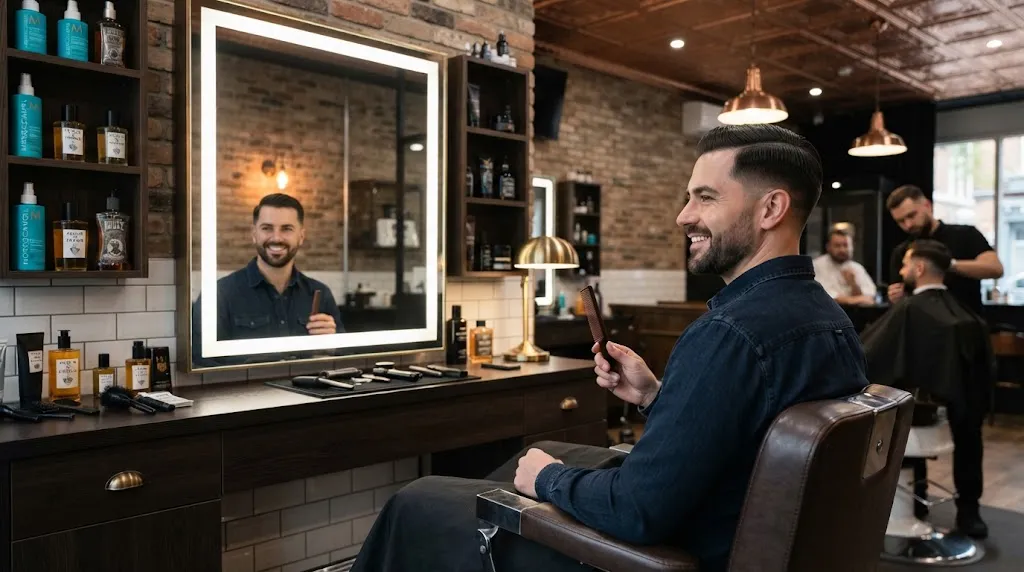 A stylish man showcasing a clean normal slope haircut in a professional barber shop, representing different haircut choices.