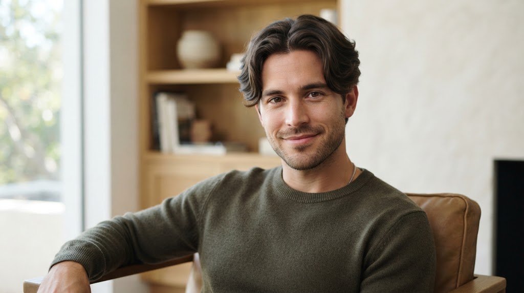 A man with a stylish classic curtain haircut featuring center-parted medium length hair framing the face.