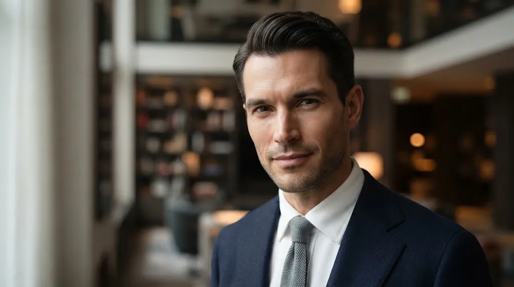 A man with a long face shape sporting a stylish and neat Ivy League haircut with a side part and slight front sweep.
