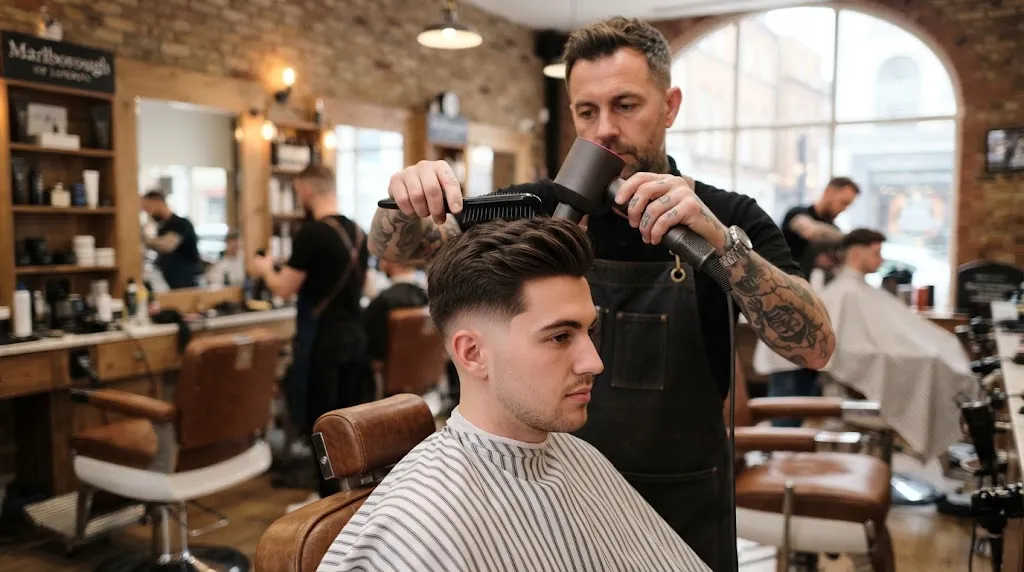 A professional barber giving a clean classic normal slope haircut with longer hair on top and a smooth natural transition on the sides