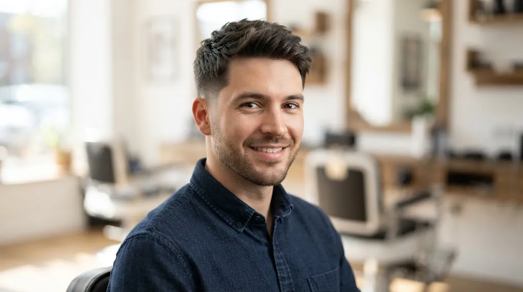 A smiling man with a balanced oval face shape showcasing a stylish normal slope haircut with textured top and tapered sides in a barbershop.