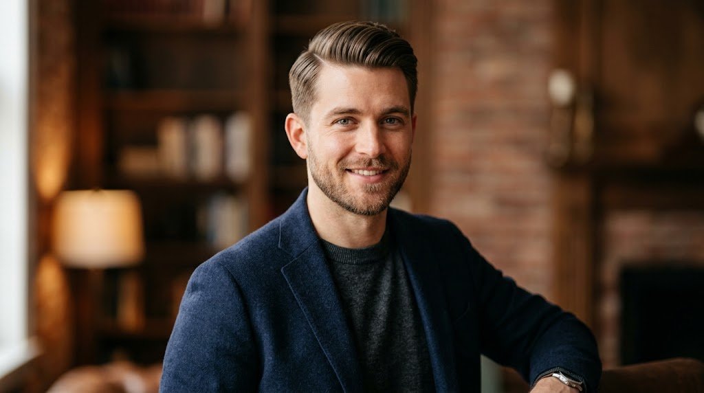 Modern man with a neat classic side part hairstyle and clean-cut medium length hair