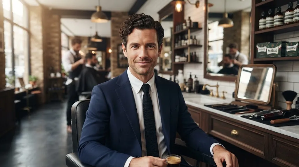 Man with a professional classic side part haircut styled for curly hair
