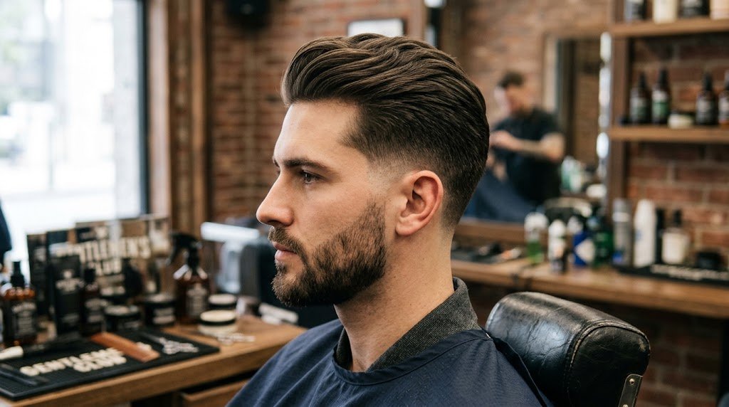 Side view of a man with a classic taper fade haircut showing neatly styled medium length top hair transitioning into tapered sides