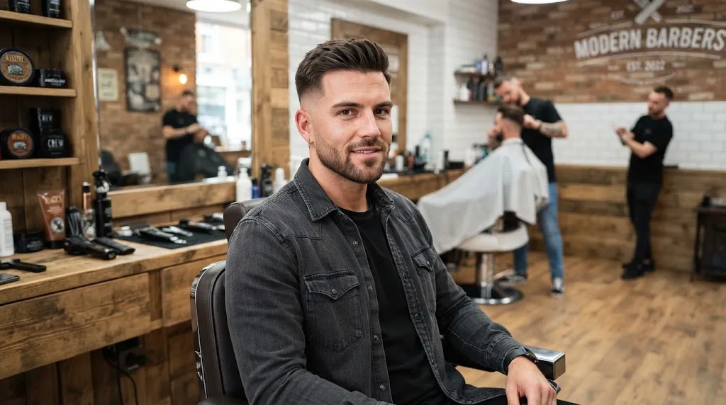 Professional clean classic taper haircut on a man with a square face in a modern barbershop