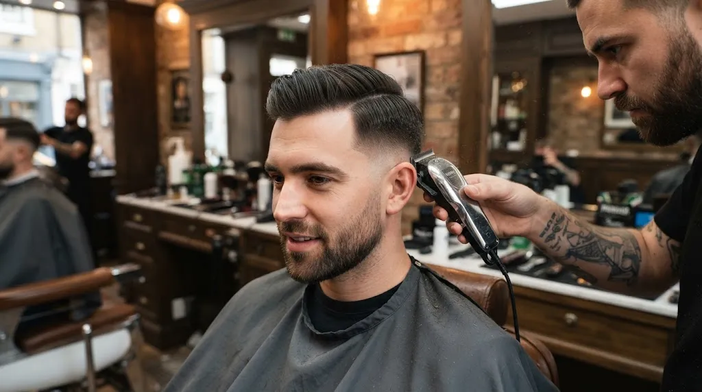 Man with a professional, non-greasy sleek back hairstyle getting styled in a modern barbershop