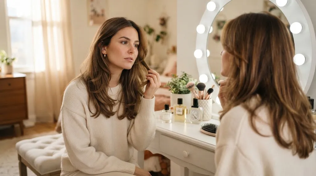 A woman checking her medium-length hair in a mirror, representing common medium hair problems and solutions