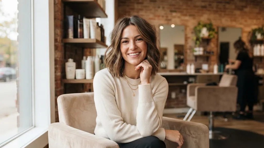 A woman with a beautiful medium-length hairstyle in a professional salon setting