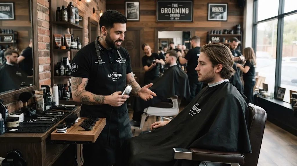 Professional barber consulting a client on buzz cut guard lengths and beard styling in a modern barbershop to avoid common grooming mistakes.