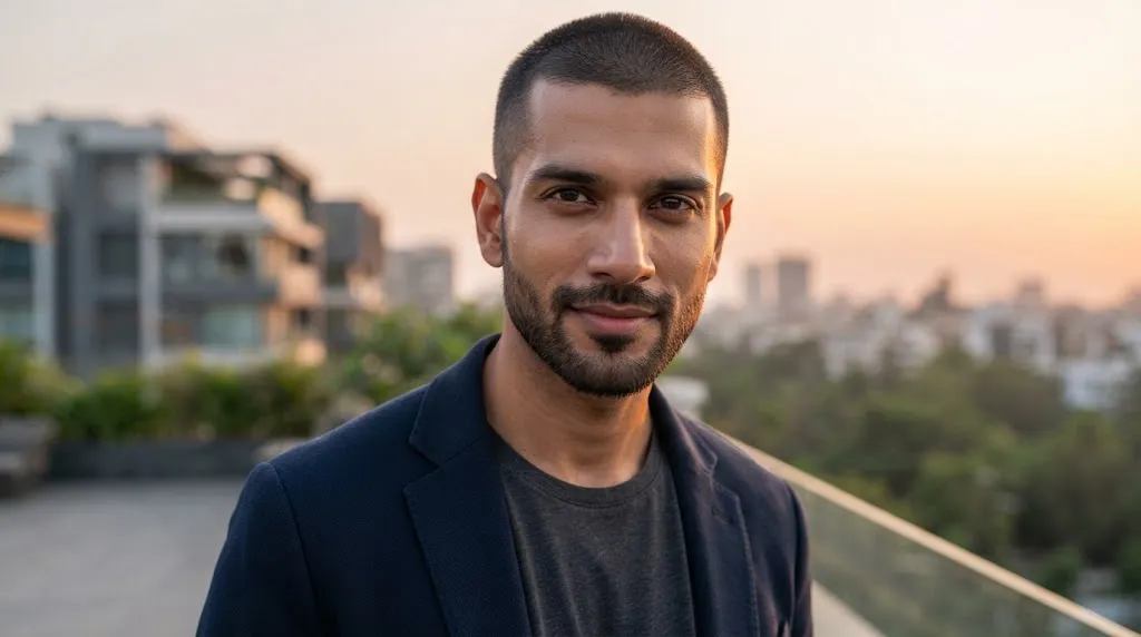 A stylish Indian man with a short buzz cut and beard, demonstrating how the hairstyle suits his face.