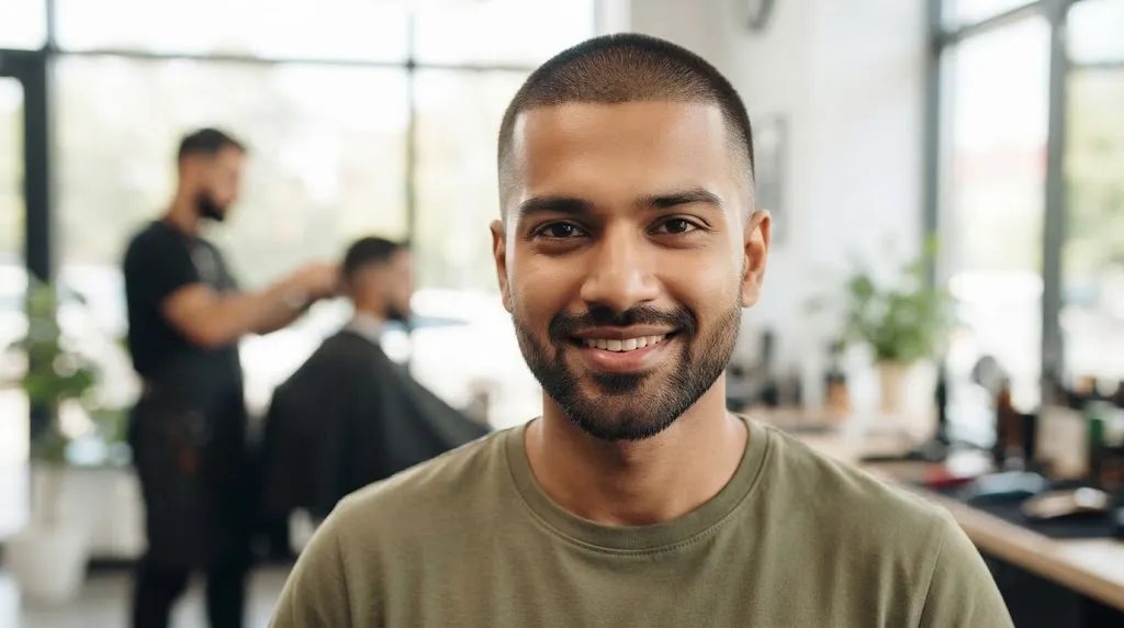 A confident young Indian man with a #2 buzz cut and a short boxed beard smiling in a barbershop, proving that a buzz cut suits different head shapes.