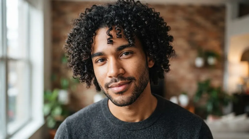 Close-up of a man with well-defined, healthy, and consistent curly hair texture