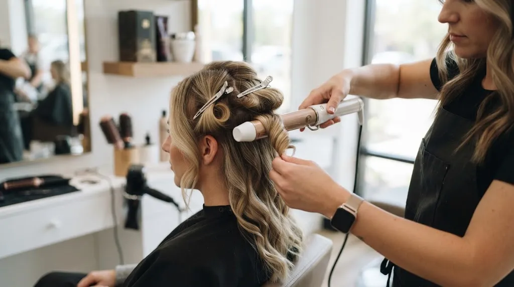 Professional hair styling technique showing hair being curled with an iron and secured with a pin for a long-lasting set.