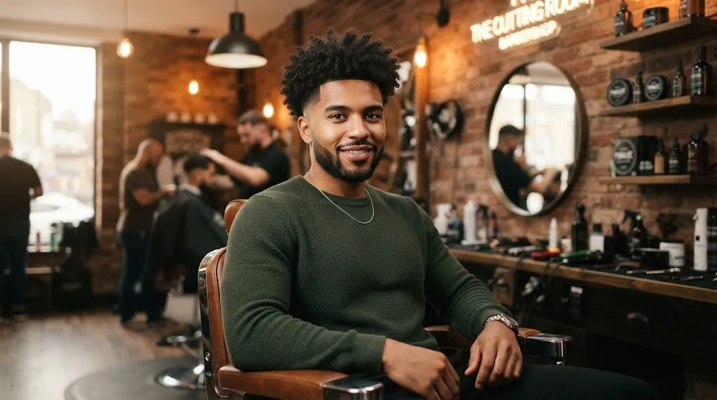 A handsome man with a clean curly fade haircut featuring short tapered sides and defined curls on top