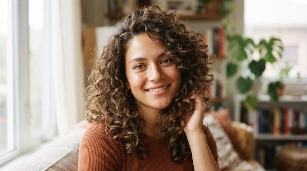 A person with a square face shape proudly showcasing a beautifully styled curly layered haircut that softens angular features.