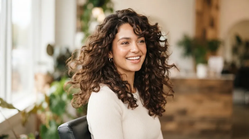 A woman with a beautiful curly layered haircut showcasing defined movement and soft texture to complement a square face shape