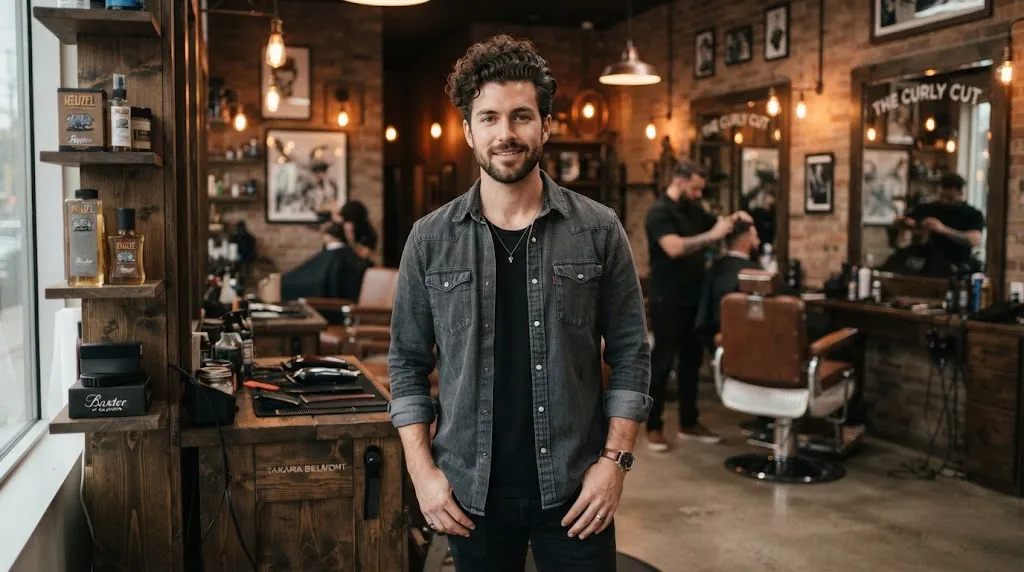 A stylish man with medium-length curly hair styled into a voluminous curly pompadour with faded sides in a modern barbershop.