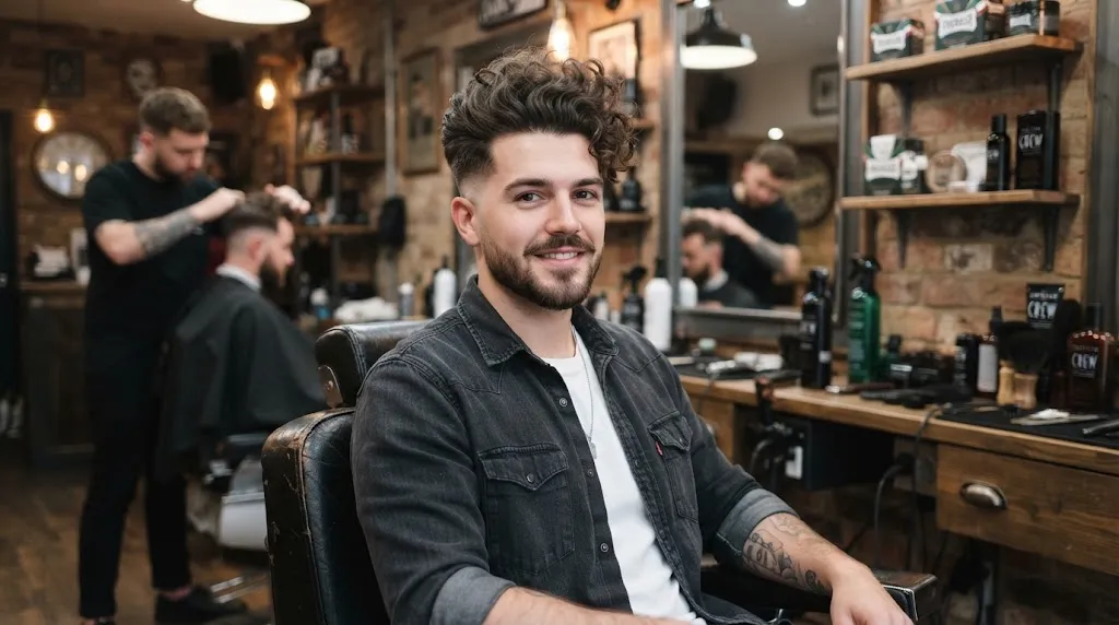 A young man with a stylish curly quiff hairstyle featuring medium-length textured curls and clean faded sides