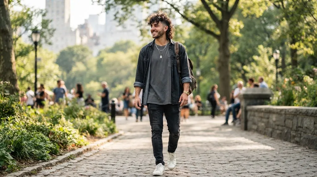 A stylish man showcasing a trendy curly and wavy mullet haircut with faded sides and textured length at the back.