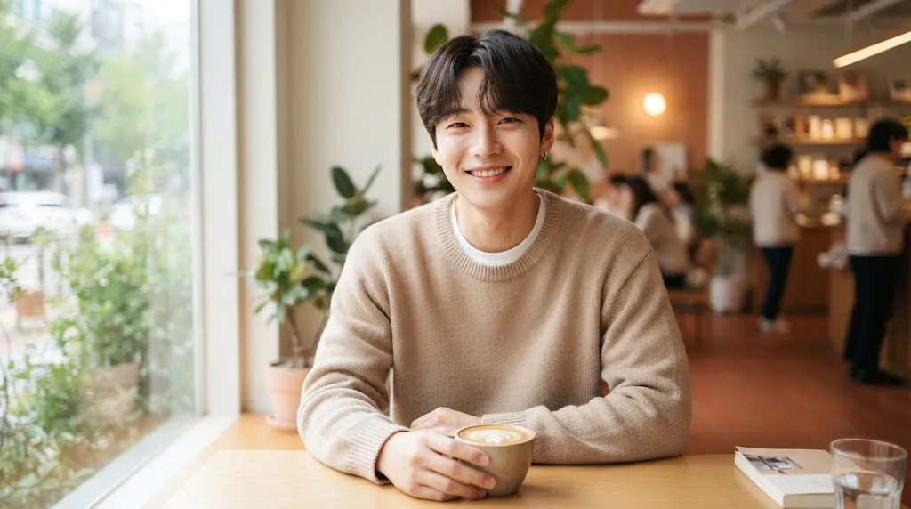 A young man with a cute Korean boy hairstyle featuring a soft fringe, gentle layers, and natural volume in a bright setting.
