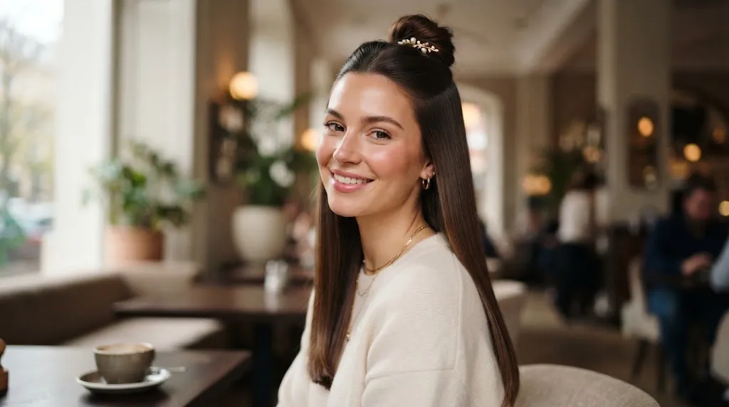 A woman with glossy, healthy straight hair wearing a trendy half-up hairstyle with a claw clip.
