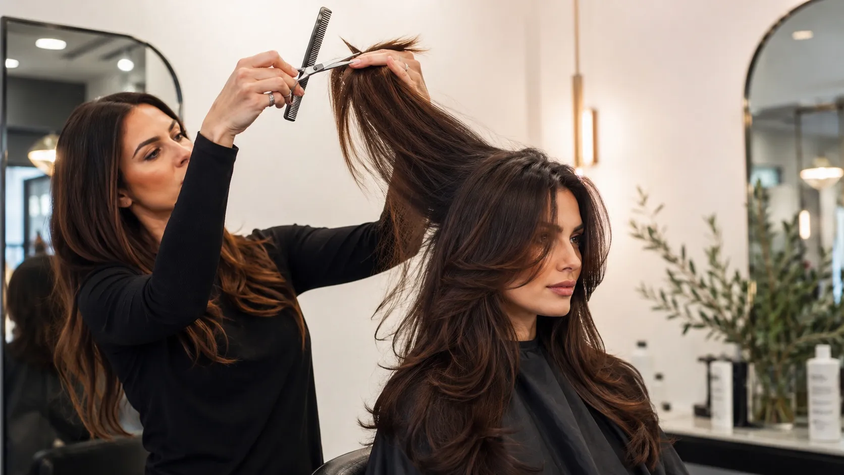 Hairdresser using point cutting and slide cutting techniques for volume layering