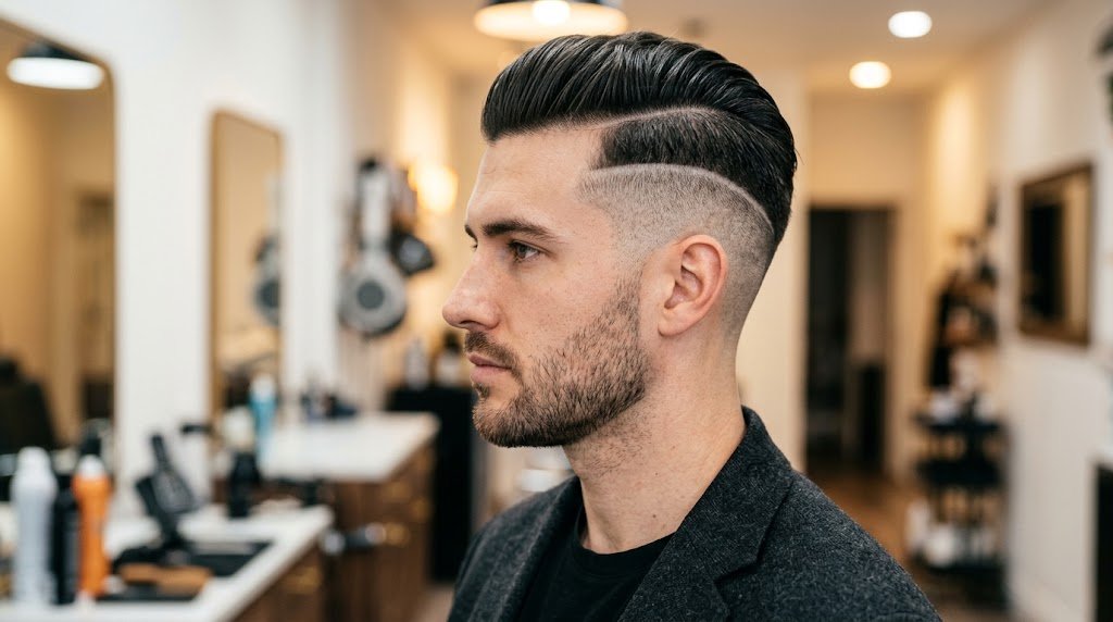 Side profile of a handsome man showcasing a modern disconnected undercut haircut with medium length hair on top and buzzed sides