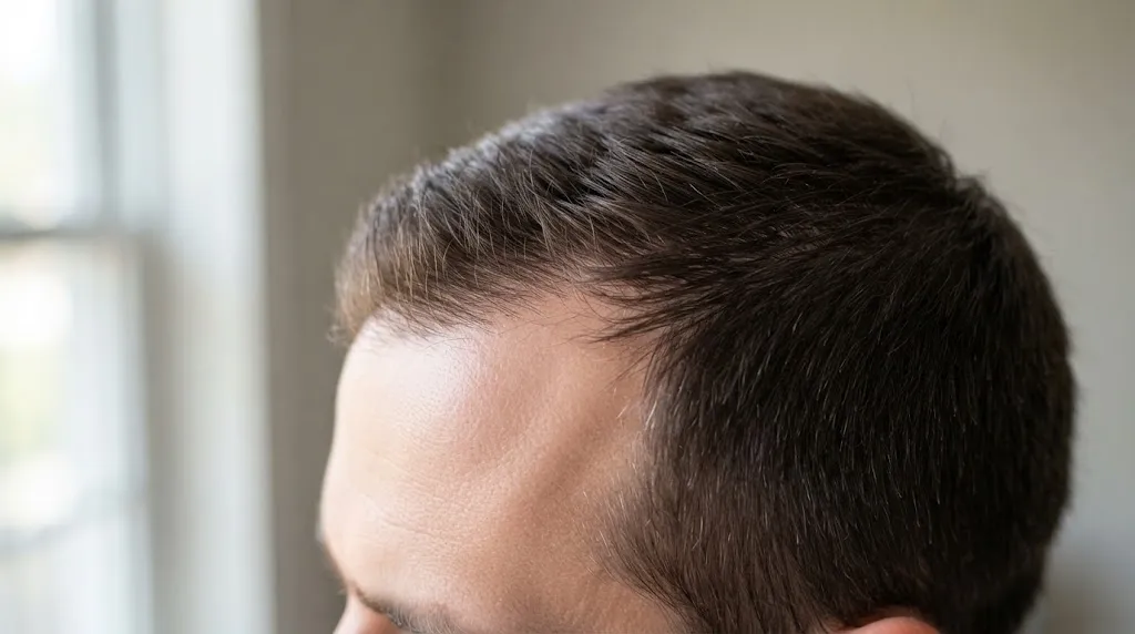 Close-up of healthy short hair and scalp demonstrating the relationship between pomade usage and hair health.