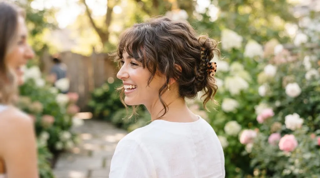 A girl with shoulder-length hair styled in a chic, easy everyday claw clip updo with soft face-framing pieces.