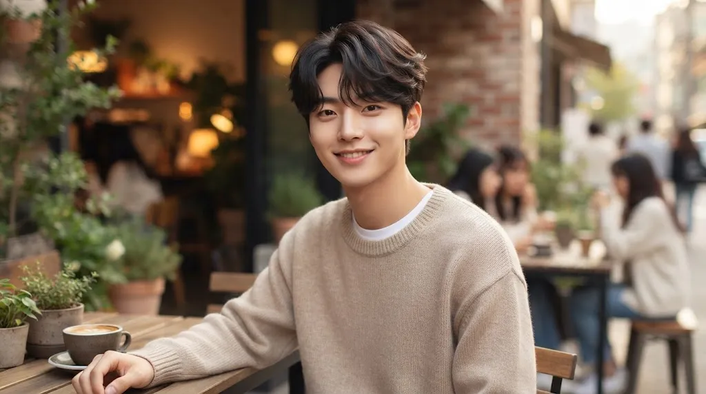 A young Korean man sitting in an outdoor cafe wearing a beige sweater, smiling, and showcasing a short, naturally textured "Easy Korean Boy Hairstyle."