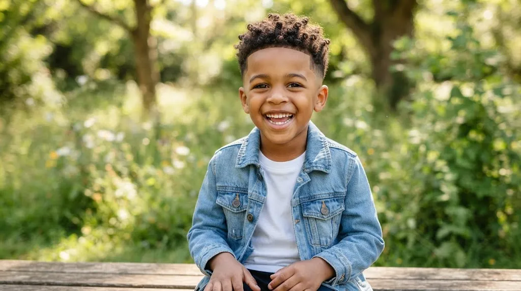 A smiling young boy with short, neat natural curly hair and a clean taper fade showcasing an easy-maintenance curly cut.
