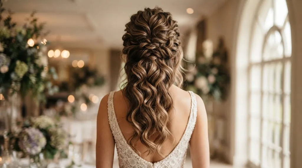 A beautiful woman with an elegant and sophisticated back hairstyle showing soft hair flow and texture.