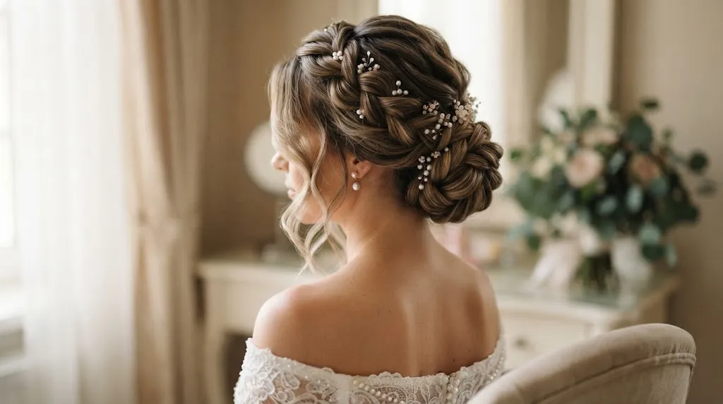 A close-up, high-definition photo of a beautiful, sophisticated bridal low chignon hairstyle with pearl accessories and soft face-framing tendrils.