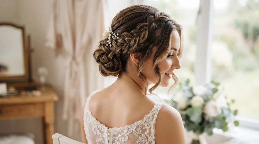 A beautiful, professional photo of an elegant bridal low chignon hairstyle with intricate braided details and soft tendrils for a wedding.