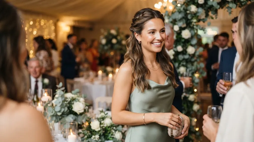 A woman with a polished, simple half-up twisted hairstyle, perfect as an elegant wedding guest look.