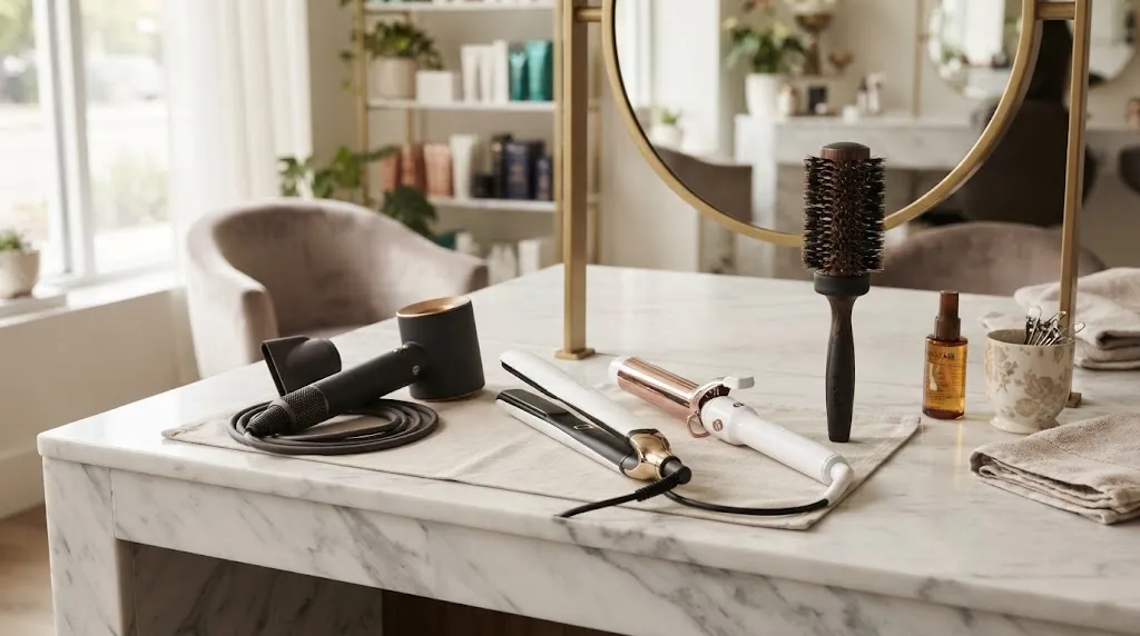 Modern hair styling tools including a hair straightener, curling iron, and blow dryer arranged on a vanity for medium hair styling