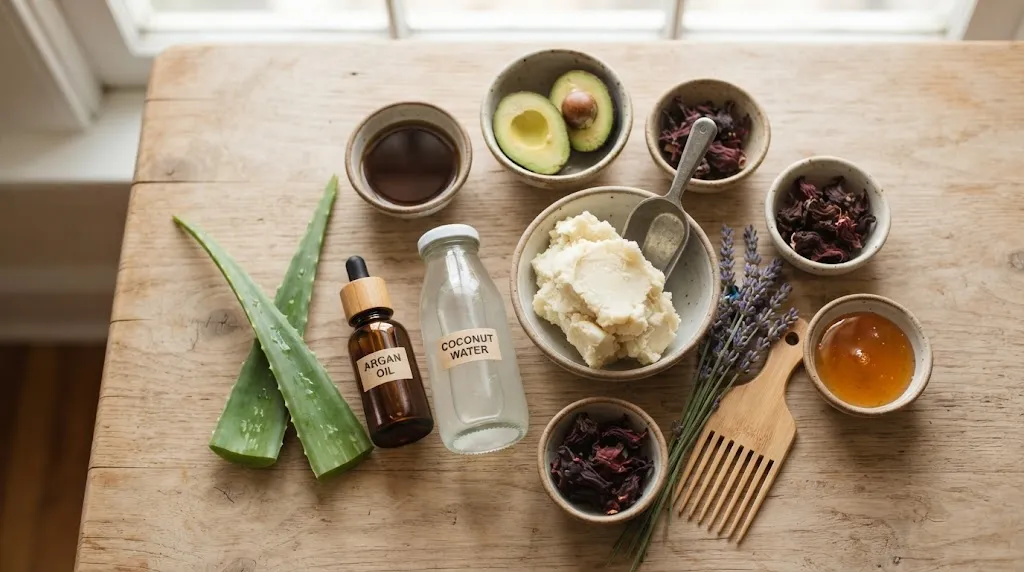Flat lay photography showing natural hair care ingredients like raw shea butter, aloe vera, and organic oils used for curly hair men's routines.