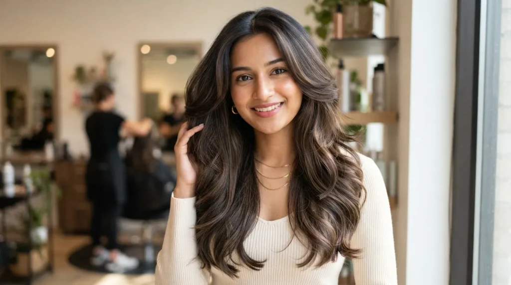 A real woman showcasing a smooth everyday blowout on long layered hair with voluminous face-framing sections without text.
