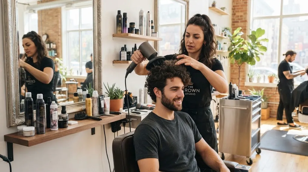 A handsome man styling his defined natural curls using professional products and a blow dryer in a bright modern room.