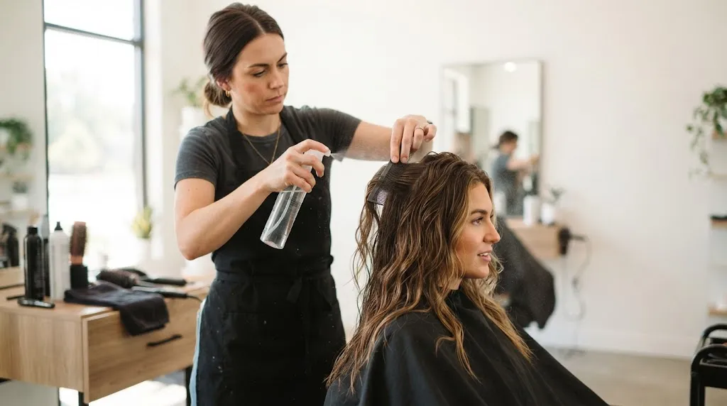 Professional hairstylist demonstrating expert hair styling techniques in a modern salon setting.
