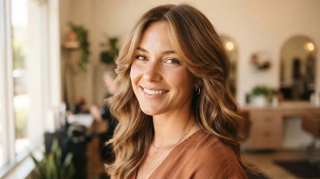 Woman with soft face-framing layers haircut and natural waves enhancing her facial features
