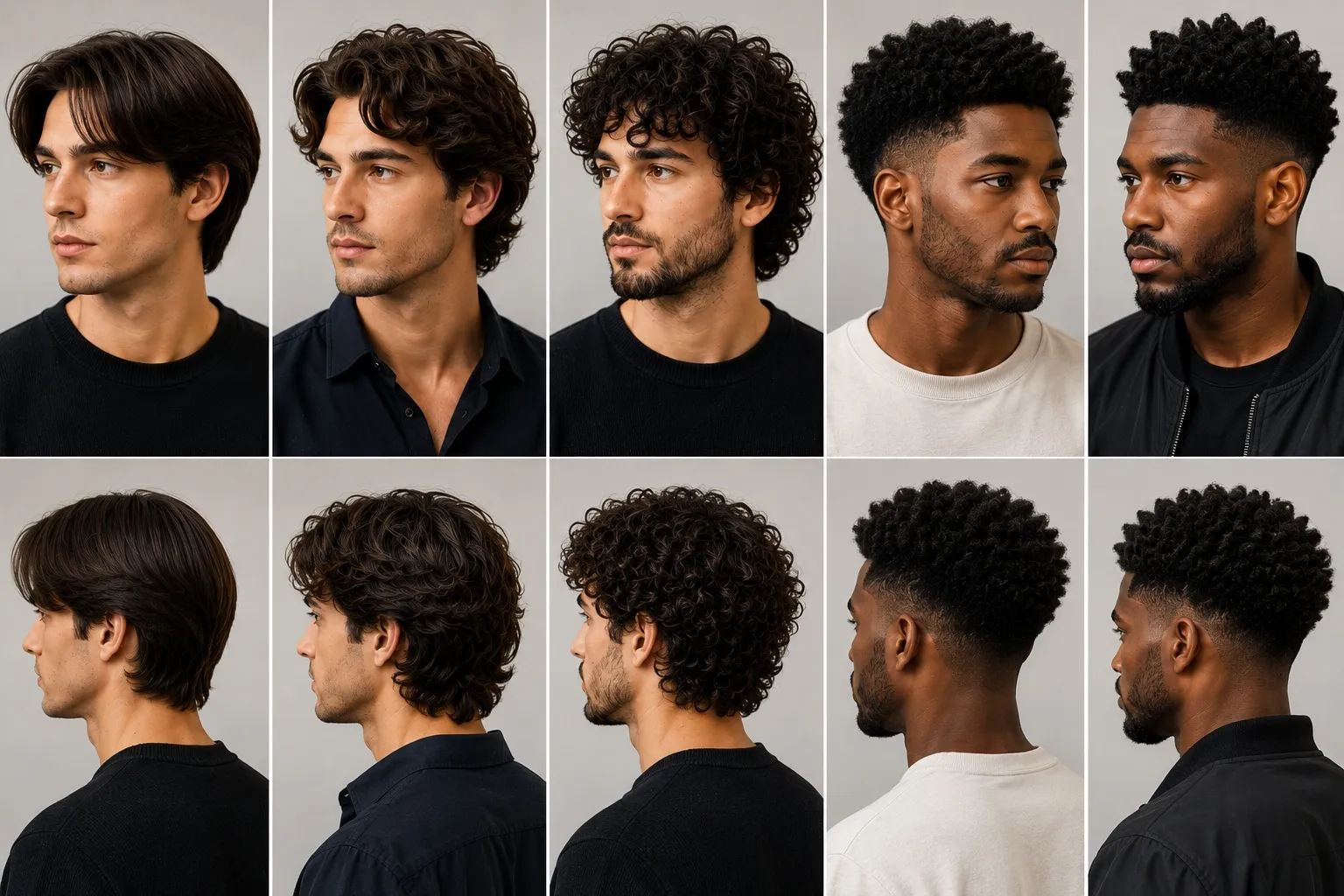 Men with straight, wavy, curly, coily, and tightly textured hair showing different natural hairstyle patterns