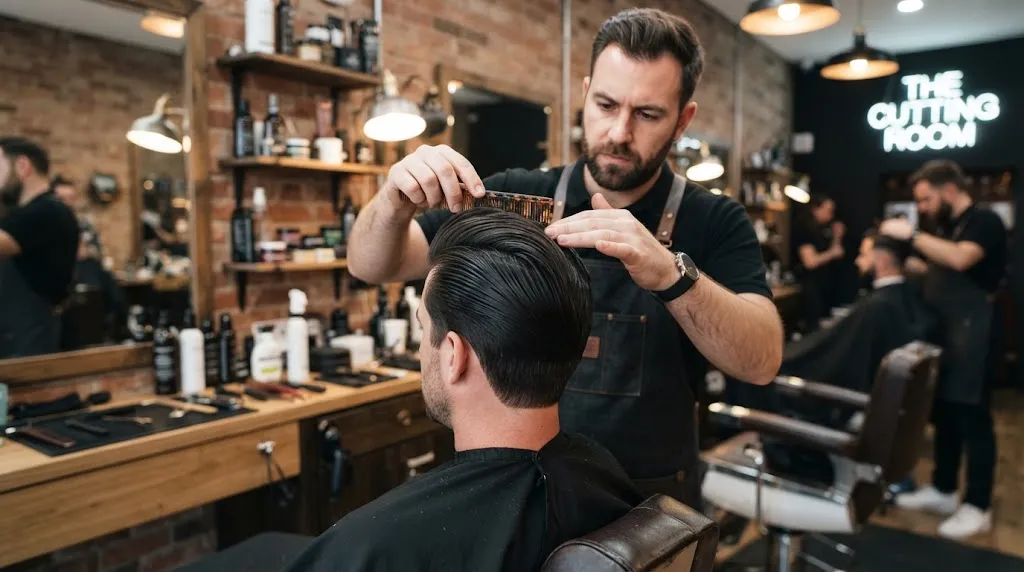 A professional barber styling a man hair from behind, demonstrating how to fix a flat hairstyle and add volume at the crown.