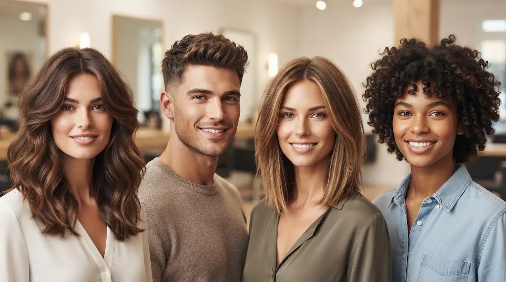 A diverse group of four models&mdash;two women and one man with various hair textures, and one woman with curly hair&mdash;smiling confidently in a salon, showcasing haircuts specifically chosen to complement square facial structures.